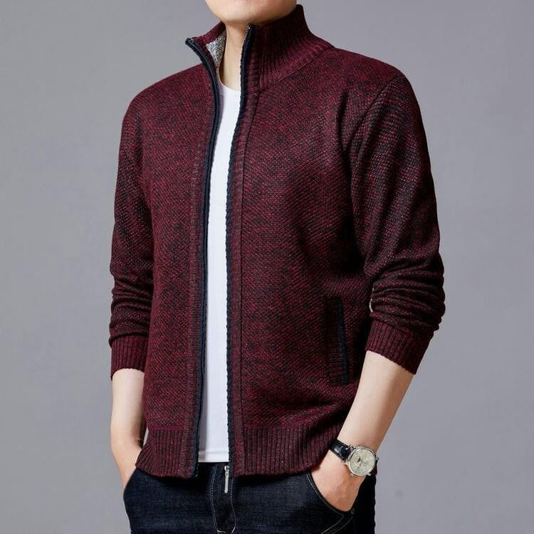 Streetwave Mens Knit Cardigan With Modern Zipper And High Collar For Stylish Transitional Wear