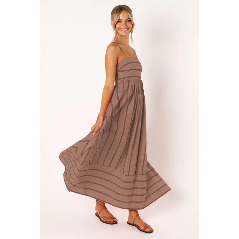 Street Wave Women Striped Maxi Dress With Elastic Waist For Elegant Breathable Comfort