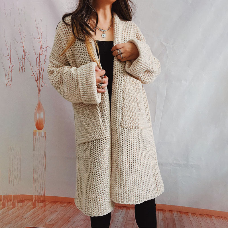 Street-Wave Chunky Knit Cardigan With Pockets For Women Soft Cozy Silhouette Open Front