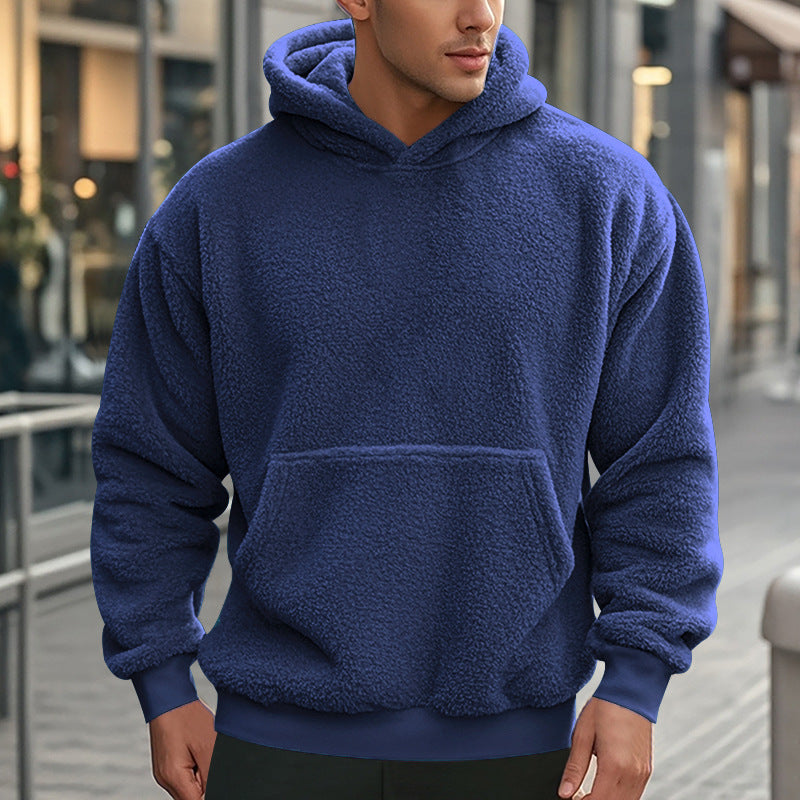 Men's Teddy Fleece Hoodie Street Wave Cozy Warmth With Kangaroo Pocket And Wide Cuffs