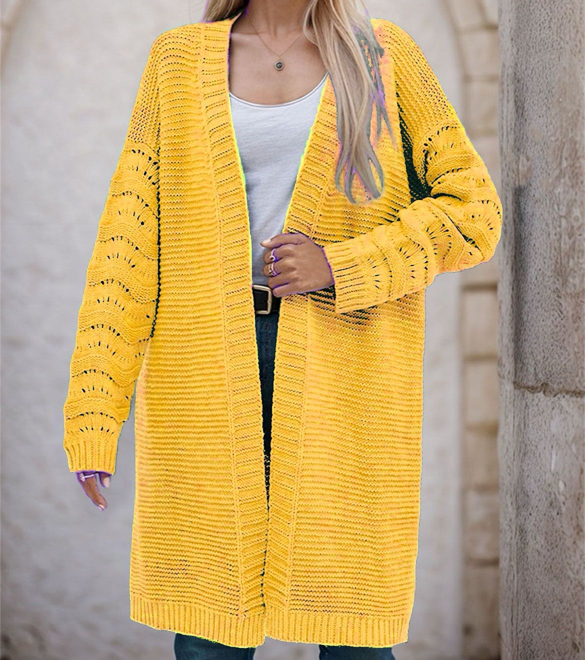Street-wave Women Long Knit Cardigan With Airy Mesh Knit Open Front For Cozy Everyday Style
