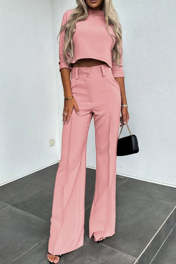 Street-Wave Cropped Sleeve Top And Wide Leg Pants Set For Modern Professionals Sleek Versatile Comfort