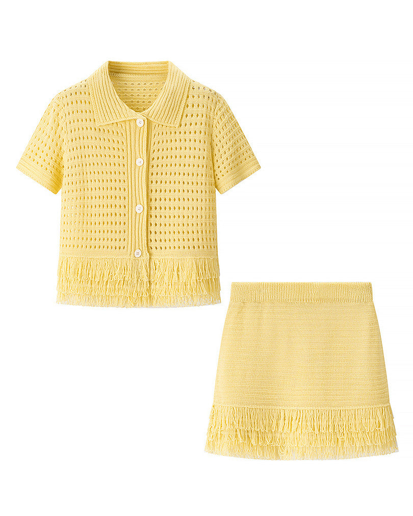 Street-Wave Tassel Knit Cardigan Set With High-Waisted Mini Skirt For Trendy Women