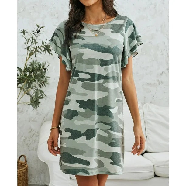 Street-Wave Camouflage Dress Ruffle Detail Women's Casual Dress With Soft Breathable Fabric