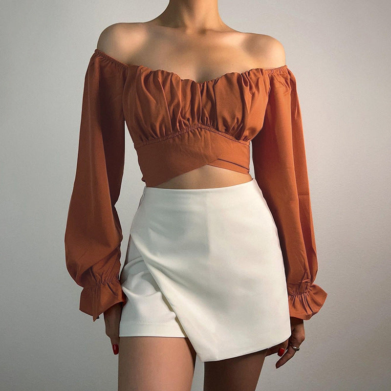 Street-wave Off-Shoulder Blouse With Ruching And Long Sleeves Crop Top For Women Everyday Elegance
