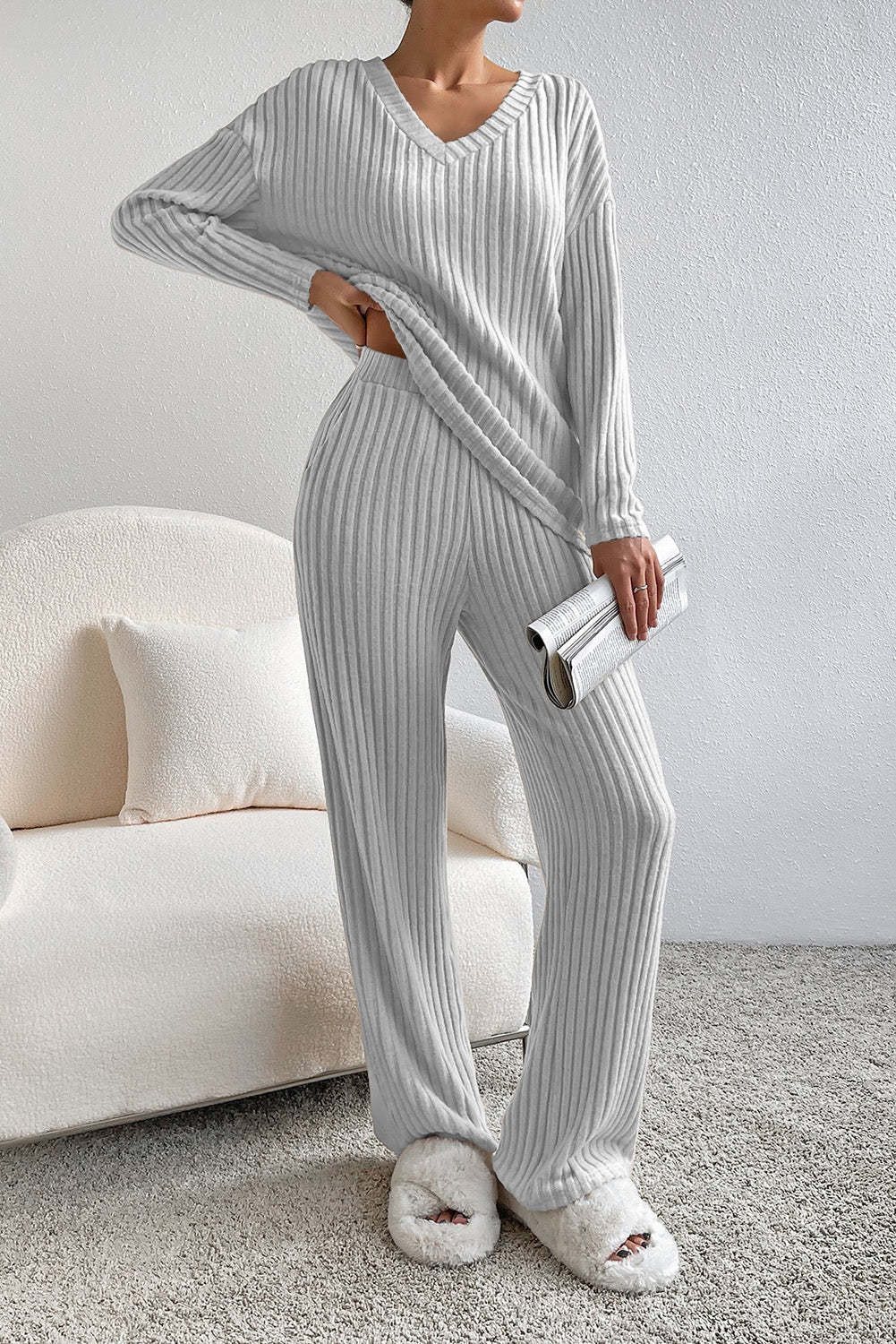 Street-Wave Womens Ribbed Lounge Set Ultra Cozy 2-Piece With Oversized Top And Pants