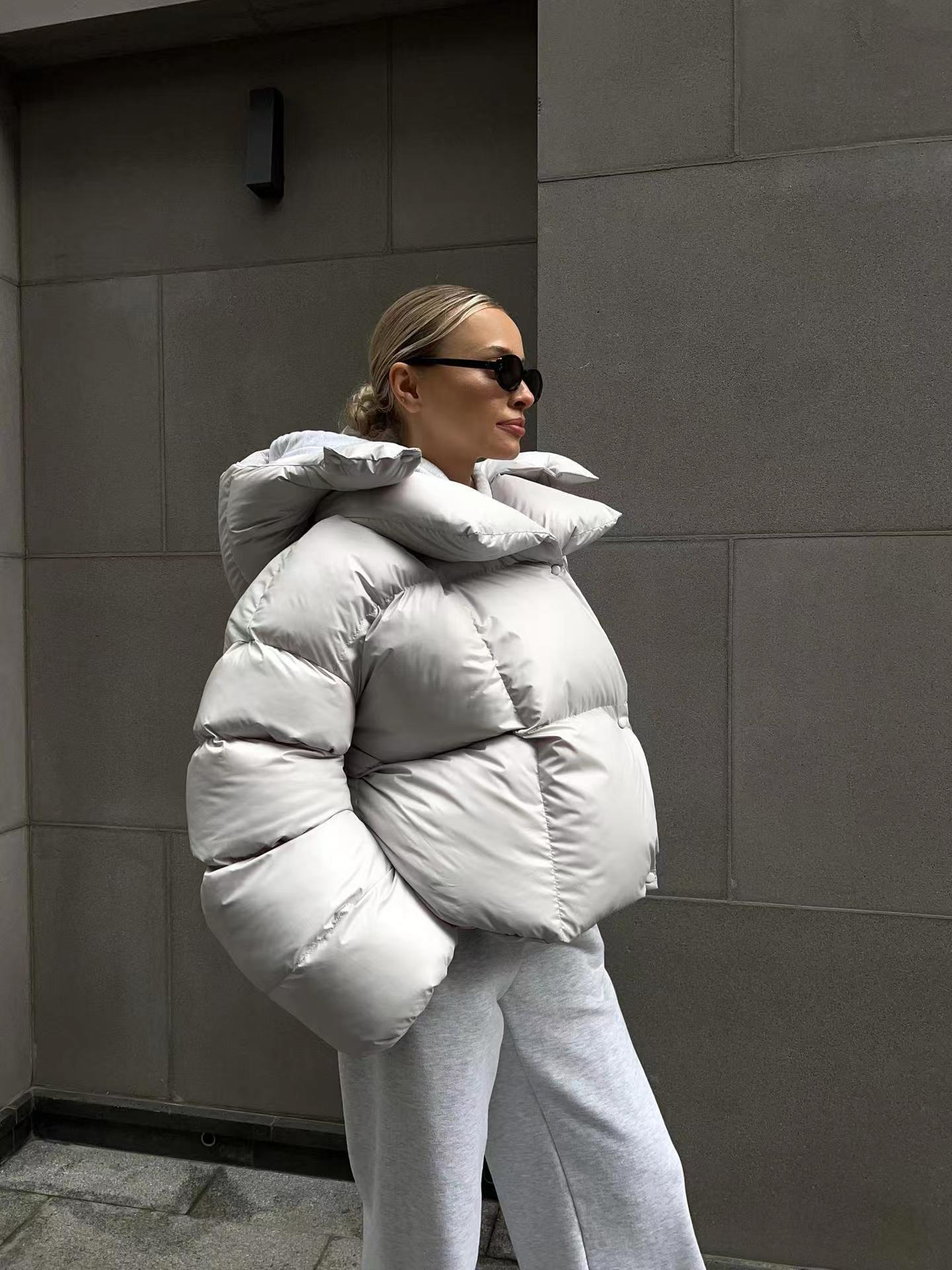 Street Wave Women's Oversized Down Jacket With High Collar And Puffy Sleeves For Warm Windproof Comfort