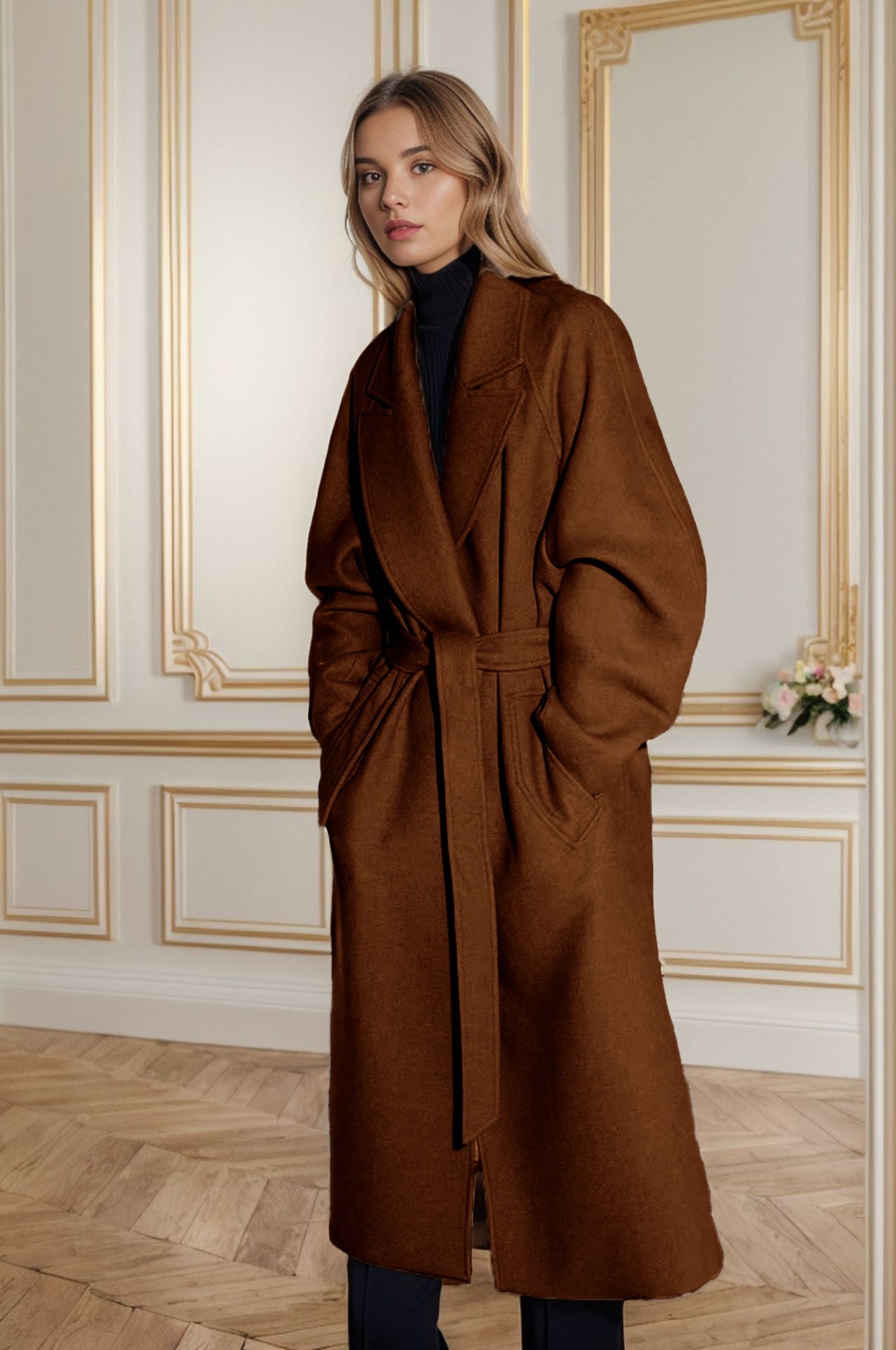 Street-Wave Womens Coat With Wide Collar Belted Waist Tie For Chic Transitional Outerwear