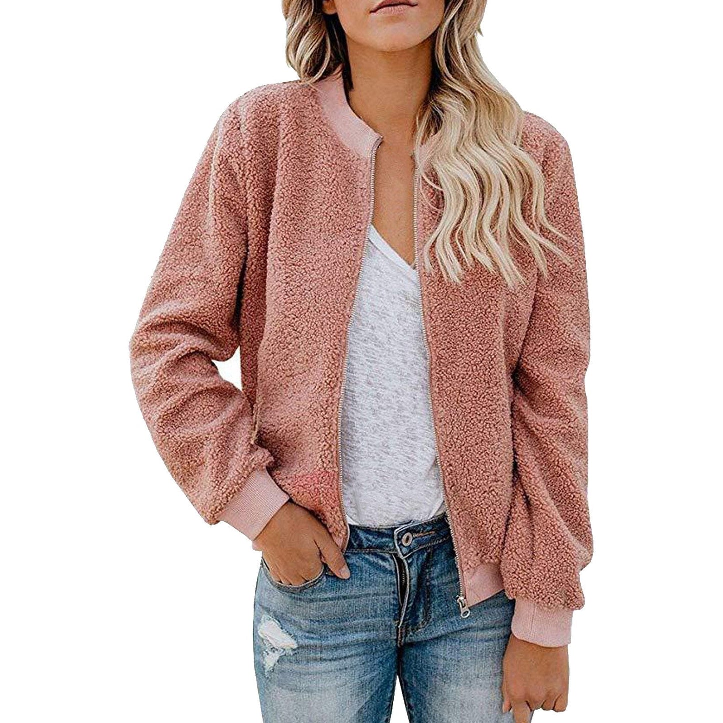 Street Wave Womens Fleece Bomber Jacket With Stand Collar Cozy Warm Everyday Wear