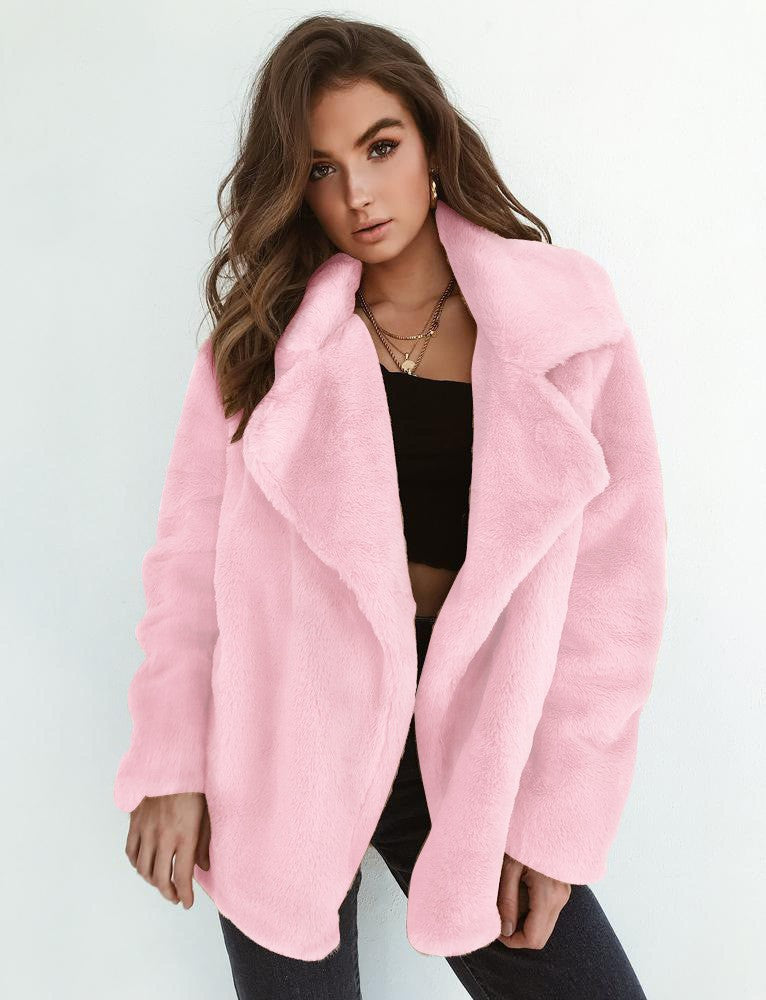 Street-wave Women's Fleece Coat With Wide Lapel Collar Soft Plush Warmth For Chic Winter Outerwear