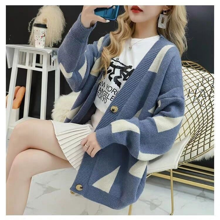 Streetwave Women's Knit Cardigan With Bold Geometric Pattern And Functional Button Details