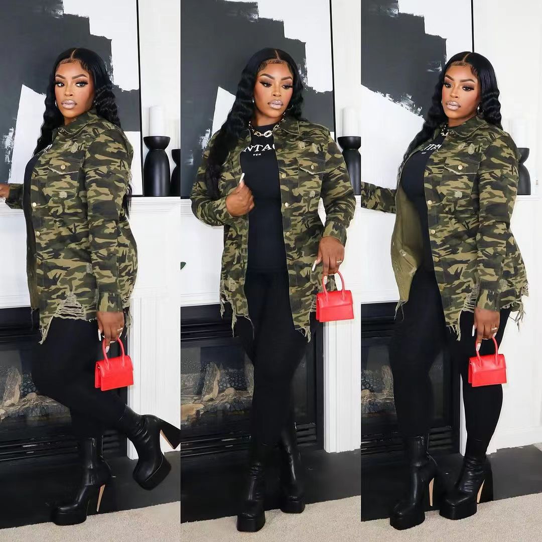 Street-Wave Camouflage Overwrap Look Jacket For Women, Urban Style, Durable Fabric, Ripped Hem