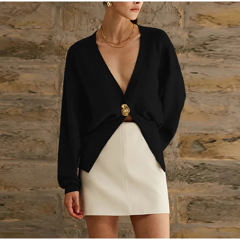 Street-Wave Cardigan For Women Elegant Knitwear With Deep V-Neck And Gold Button For Versatile Comfort
