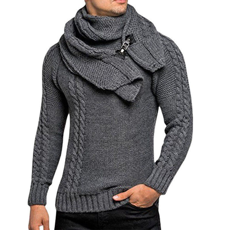 Street-wave Men's Cable Knit Sweater With Integrated Scarf for All-Season Warmth
