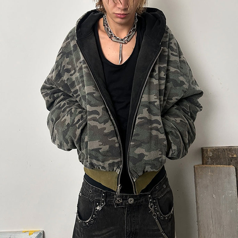 Street-wave Women's Oversized Camouflage Jacket With Hood And Zipper For Everyday Streetwear