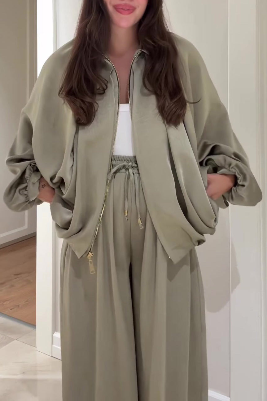 Street-Wave Two-Piece Zip Jacket With Lantern Sleeves And Elastic-Waist Wide-Leg Pants For Women