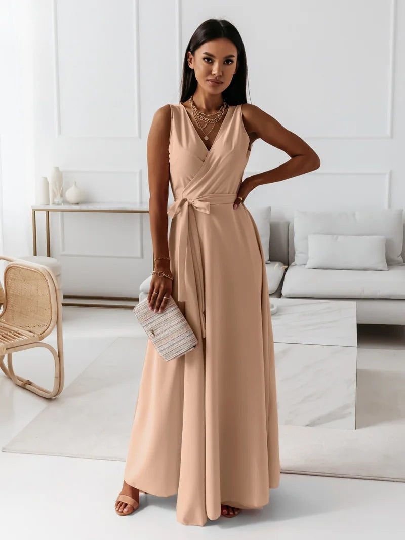 Street-Wave Elegant Wrap Dress For Women With Waist Tie Floor-Length Evening Gown For Weddings