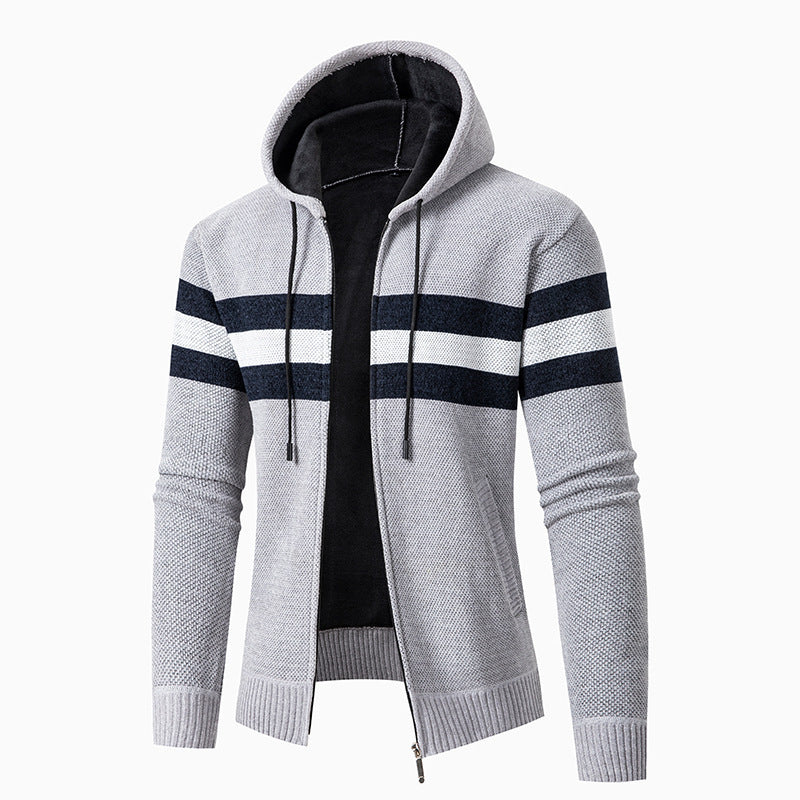 Streetwave Men's Hooded Knit Cardigan With Contrast Stripes For Casual Comfort And Style