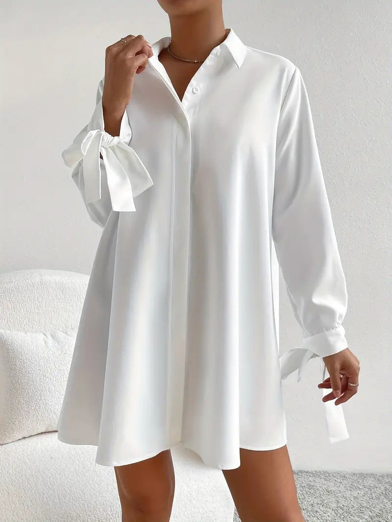 Street-wave Women's Shirt Dress With Elegant Sleeve Ties White For Sophisticated Occasions