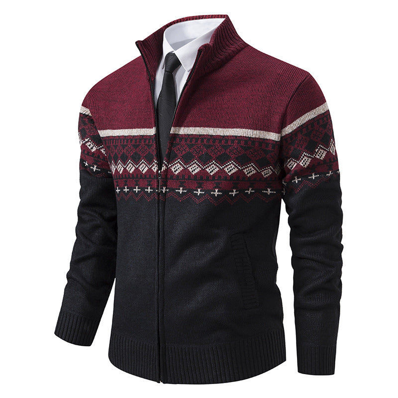Street-wave Men's Knit Cardigan With Stand Collar And Nordic Pattern In Soft Breathable Wool