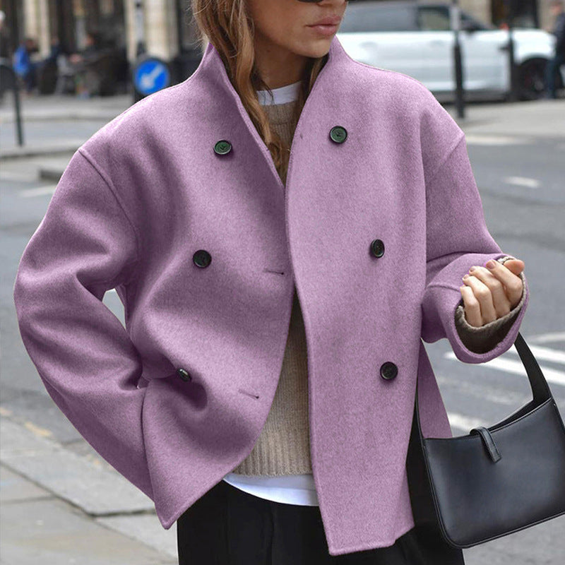 Street-Wave Women's Wool Jacket With Double Button Placket And High Collar Cozy Luxe Outerwear