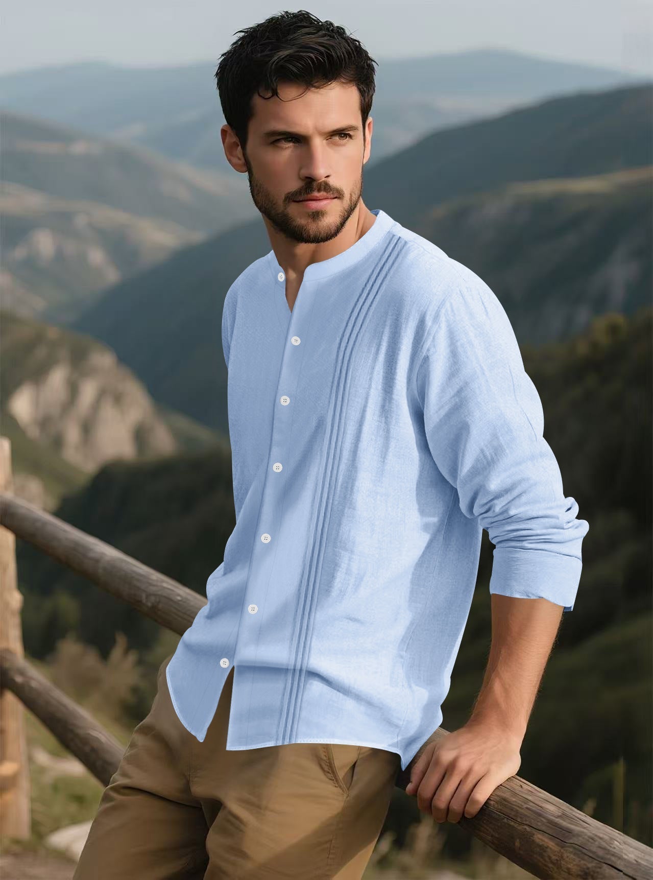 Streetwave Mens Stand Collar Long Sleeve Shirt With Pleated Front Accents For Office And Everyday Wear