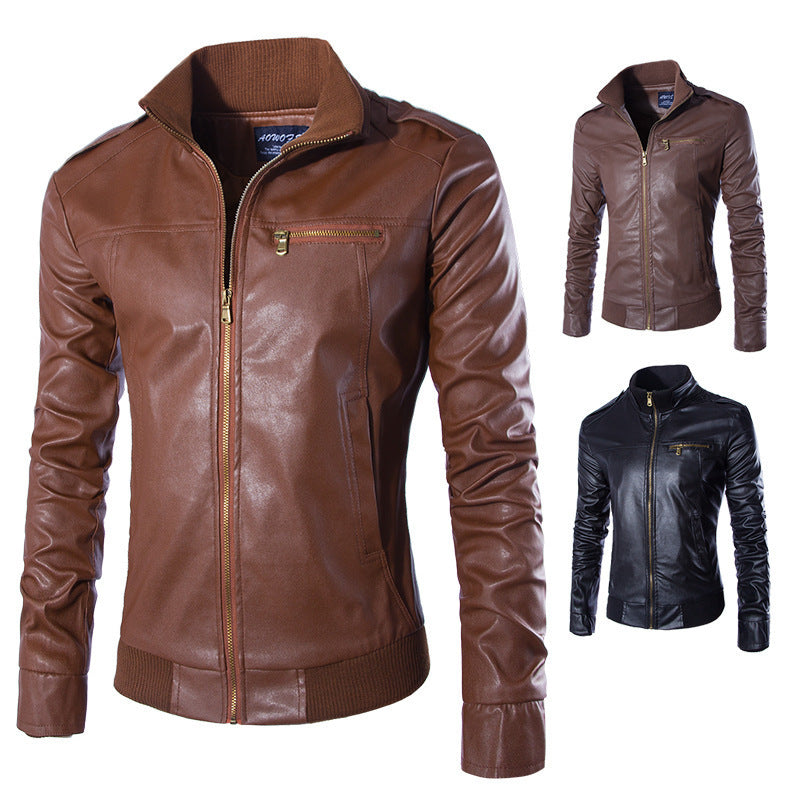 Mens Premium Faux Leather Jacket Street Wave Zip Front Stand Collar For Fashion Conscious Men