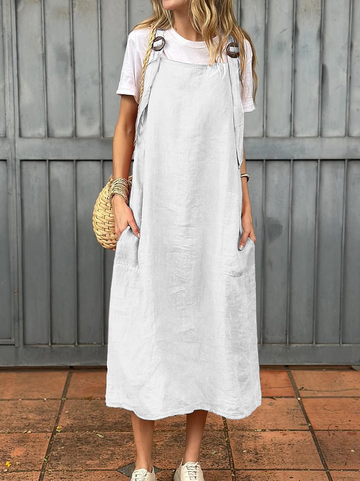 Streetwave Linen Strap Dress With Two Front Pockets For Women Breathable Casual Midi Summer