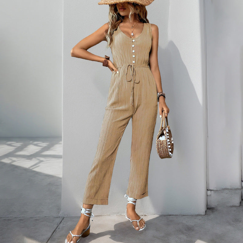 Street Wave Women's Sleeveless Jumpsuit With V Neck And Textured Belt