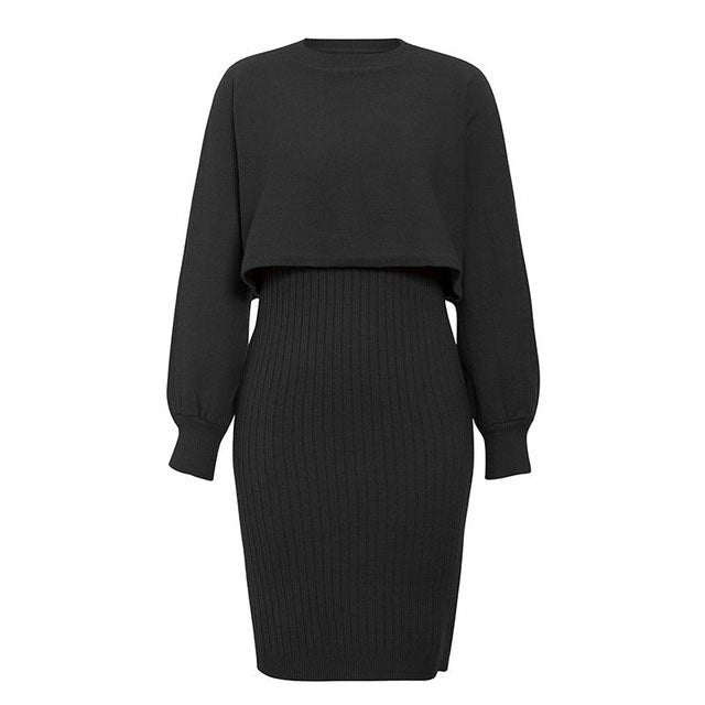 Womens Knit Dress Street Wave With Contrasting Top And Ribbed Skirt For Elegant Comfort