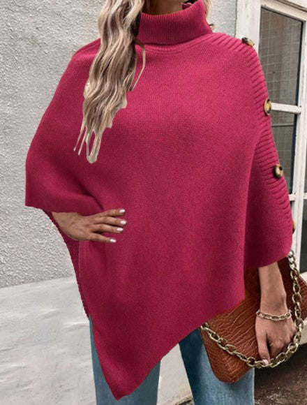 Women's Knit Poncho With High Collar And Button Details By Street-wave Cozy Chic For Women