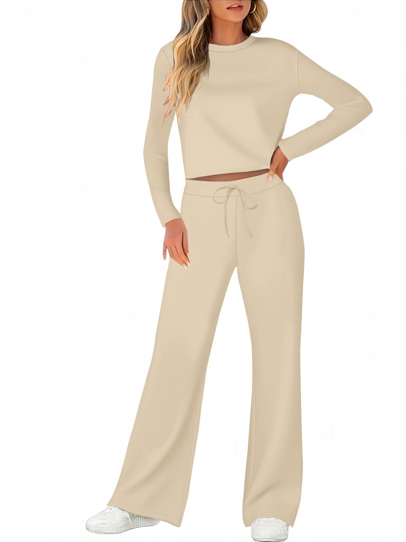 Street-Wave Women's Comfortable Wide-Leg Lounge Set With Long Sleeves For Relaxed Homewear