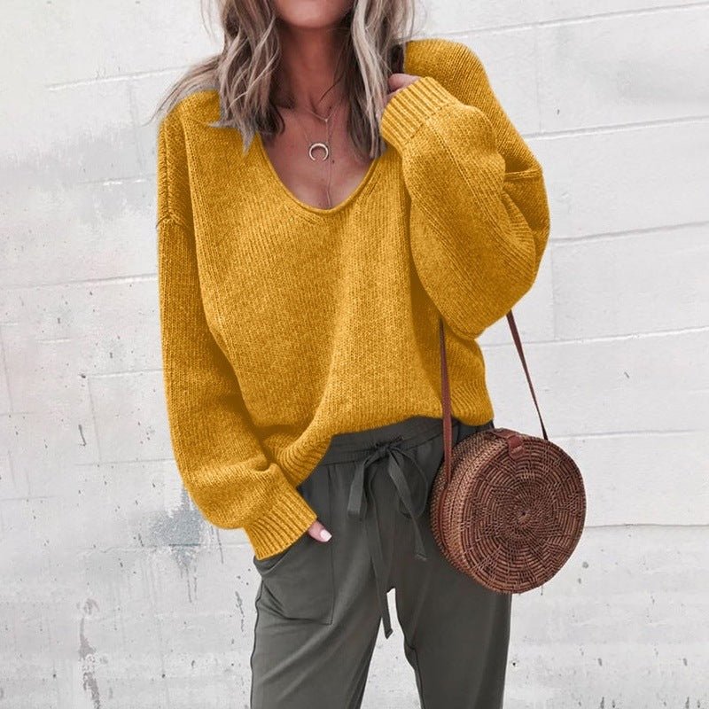 Street-wave Womens V-Neck Sweater With Loose Wide Fit And Fine Knit Texture For All Season Wear