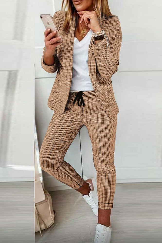 Street-Wave Women Checkered Blazer Set With Matching Trousers Versatile Office To Evening Wear