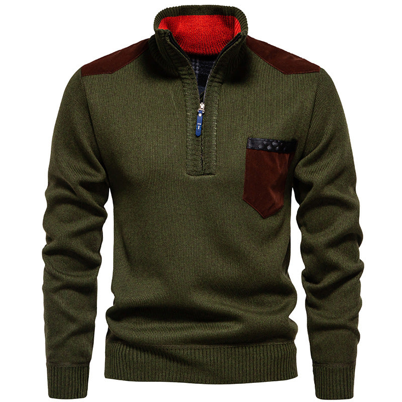 Street-Wave Men's Stand Collar Sweater With Contrast Details And Chest Pocket - Premium Warmth And Style