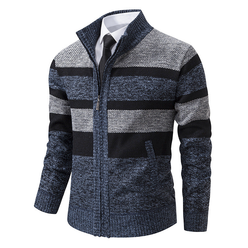 Mens Cardigan With Stand Collar Streetwave Modern Stripe Pattern For Men Stylish Versatile Warm Knitwear