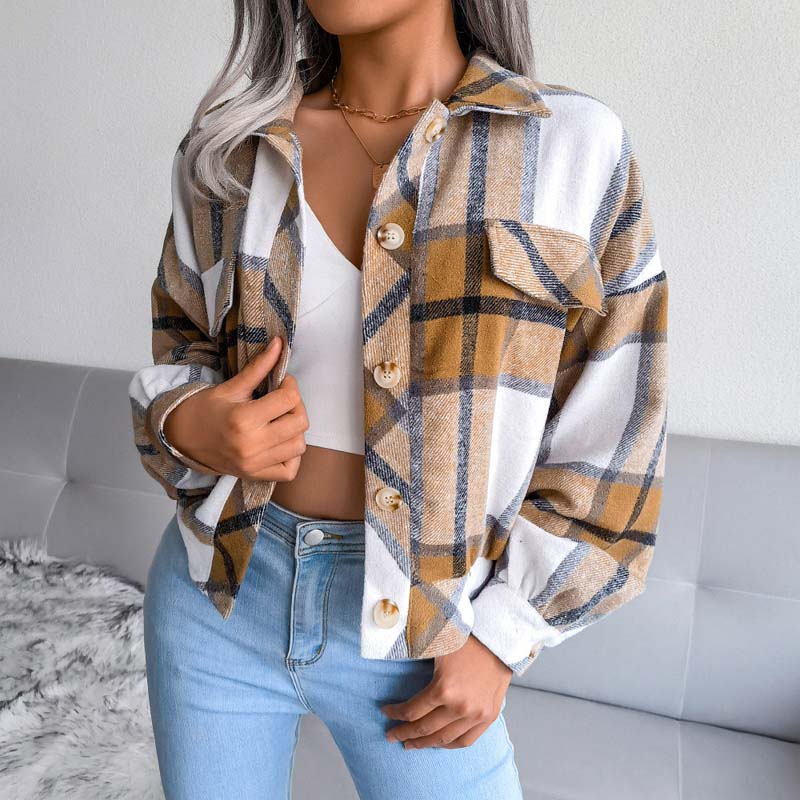 Street Wave Plaid Shirt Jacket For Women Cotton Poly Blend Cozy Buttoned Pockets All Season Style