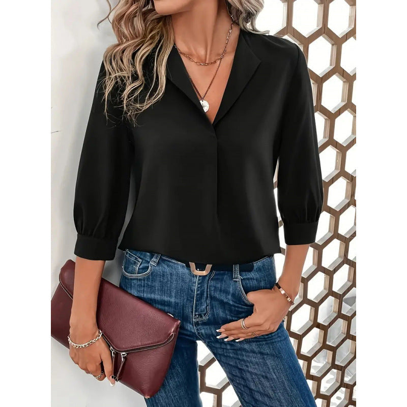 Street-Wave Women Viscose Blouse Elegant V-Neck Three Quarter Sleeves Versatile Office Ready