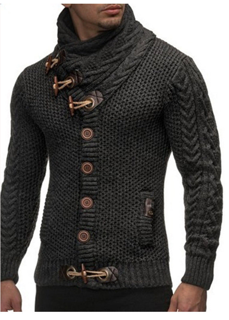 Street-wave Men's Knit Cardigan With Asymmetric Collar And Rustic Wood Button Details