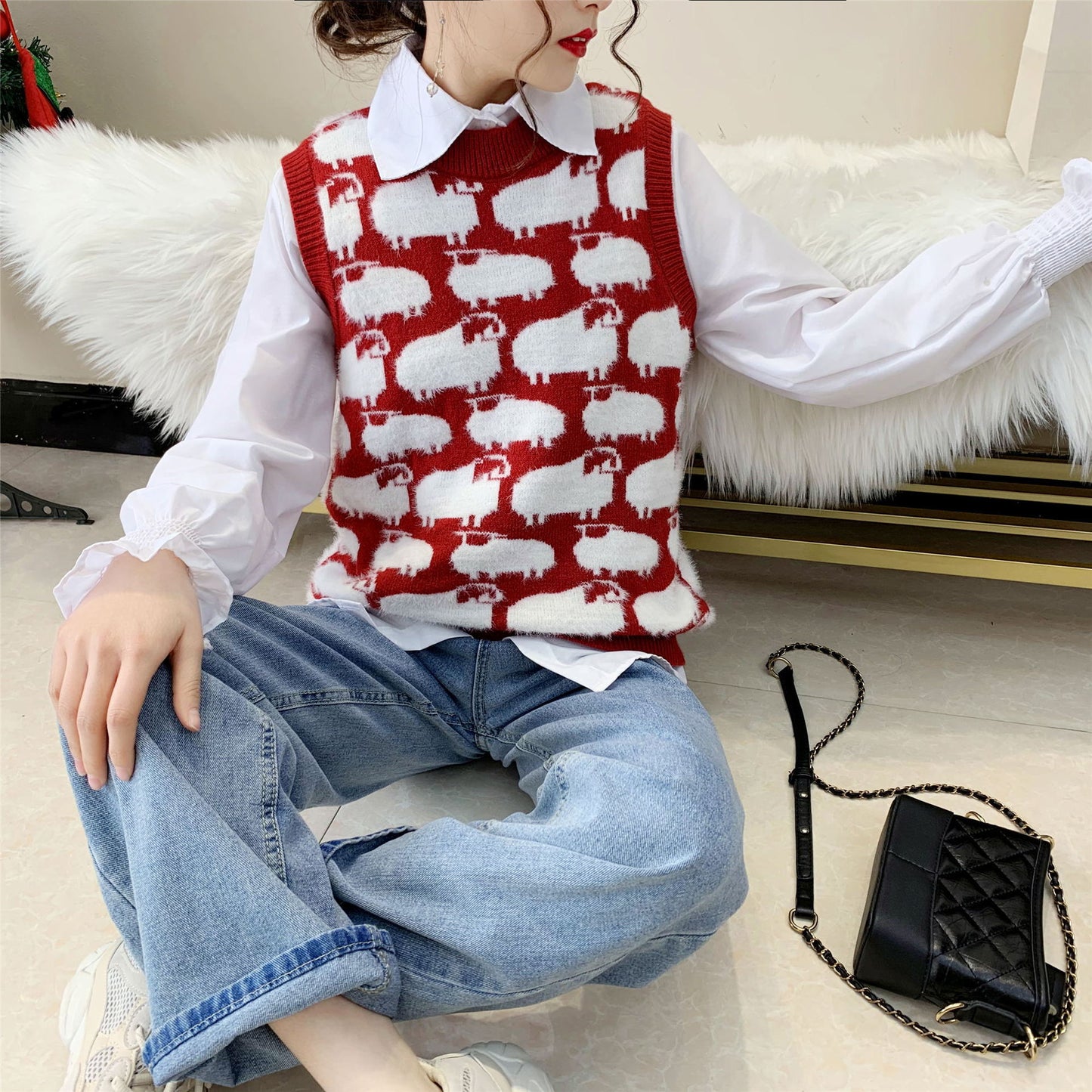 Street-wave Womens Knit Sweater With Playful Animal Motif For Casual Chic Comfort