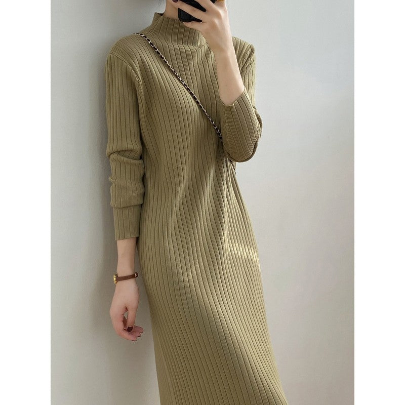 Street-Wave Women Knit Dress With High Collar And Ribbed Texture Cozy Elegant Winter Wear