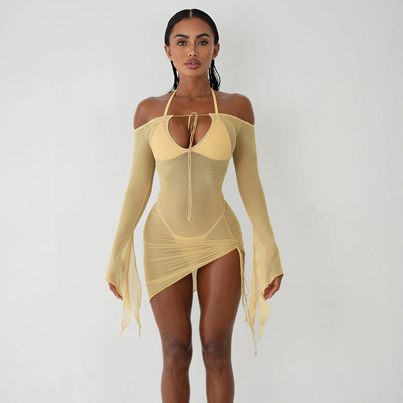 Street-Wave Women's Elegant Swim Tunic With Tie Closure And Sheer Sleeves For Beachwear And Pool Parties