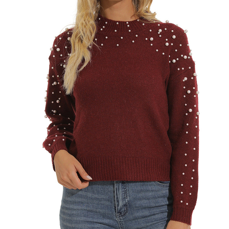 Street-wave Pearl Detail Knit Sweater For Women Elegant Soft Cotton With Pearl Embellishments