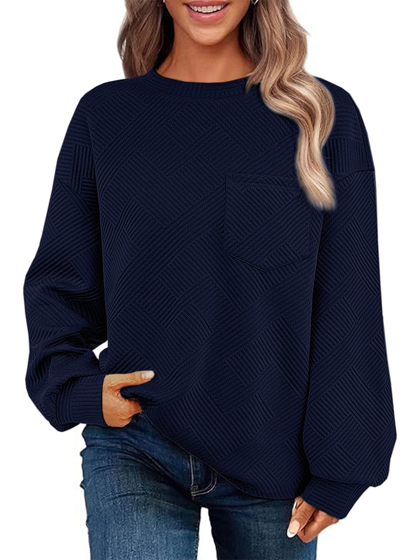 Streetwave Women Cozy Structured Knit Sweater With Front Pocket Casual Everyday Pullover