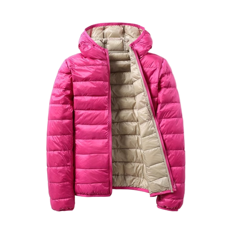 Street-Wave Reversible Puffer Jacket For Women With Hood Two Styles In One Pink Interior
