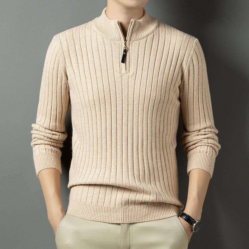 Street-wave Men's Rib Knit Pullover With Stand Collar Zip Breathable Office And Casual Wear