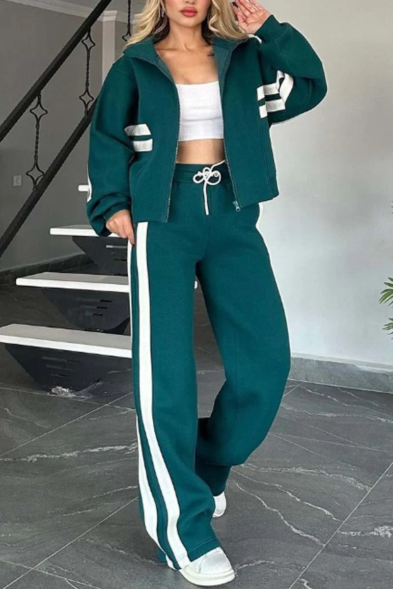 Street-Wave Stylish Cropped Zip Up Hoodie And Track Pants Set With Red Stripes For Women