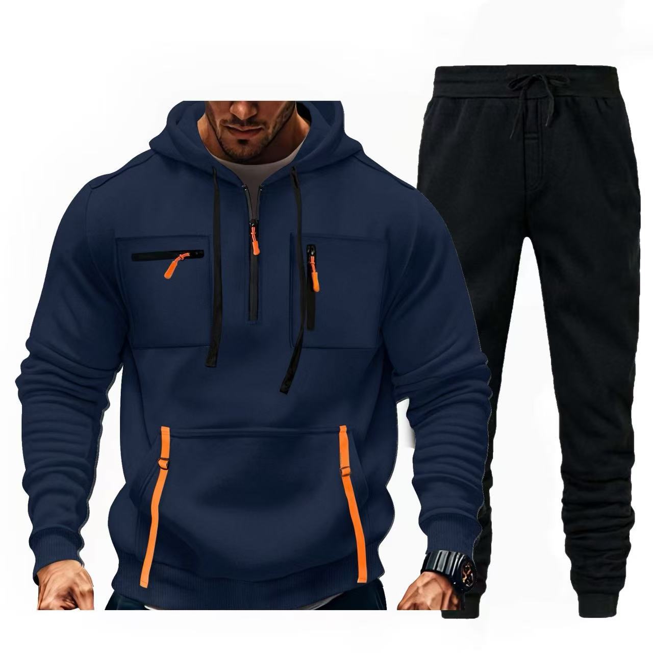 Street-wave Men's Multifunctional Hoodie And Jogger Set For Active Lifestyles With Zipper Pockets And Comfort