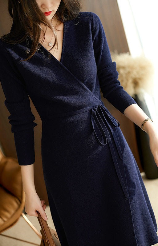 Street Wave Women's Wrap Dress With Long Sleeves V Neck Flattering Waist Tie Elegant Comfort