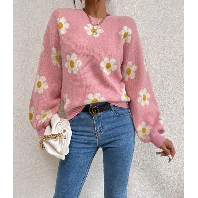 Street-Wave Floral Daisy Sweater For Women With Soft Cotton Knit And Voluminous Sleeves